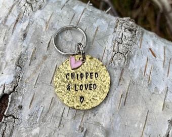 Custom Dog Tag – Hand stamped, hammered brass tags with coloured heart charm - Dog ID tag - Personalised Dog Tag - Bespoke Dog Tag - UK Made