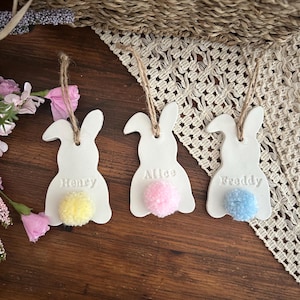 Personalised Bunny Decoration - Easter Bunny - Pom Pom - Easter decoration - Handmade clay ornament - Personalised Easter decorations