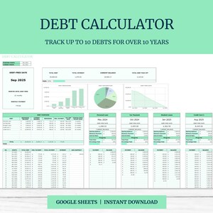 Debt Calculator for Google Sheets, Snowball Method,  Debt Payoff Tracker, Debt Snowball Calculator, Debt Payoff Spreadsheet, Loan Payoff