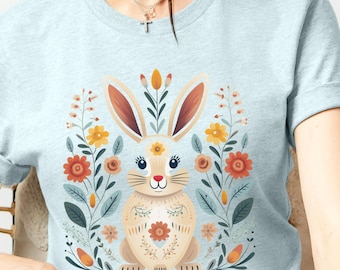 Folk Art Bunny shirt, Easter Bunny T-shirt, Folk Art Scandi Rabbit top, Cottagecore Bunny and flowers, Floral Bunny shirt, trending Easter