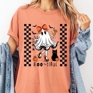 Cute Ghost shirt, Boo-tiful ghost diva, Halloween checkered t-shirt, Girly Halloween Gift, Funny Ghost cocktail tee, Black Cat and pumpkins