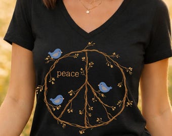 Peace Sign Shirt V-neck shirt, Blue Birds spring top, twig peace sign, Nature Lover gift, Bird Watcher tshirt