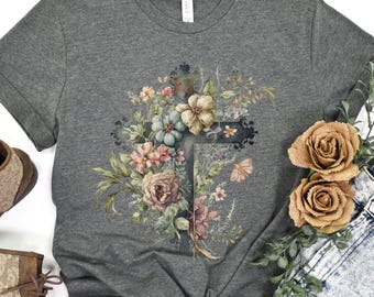 Floral Cross shirt, Easter Shirt for Mom, Gift for Easter, Floral Watercolor Cross t-shirt, Christian boho flower cross tee, He is Risen