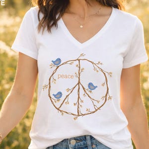 Peace Sign Shirt V-neck shirt, Blue Birds spring top, twig peace sign, Nature Lover gift, Bird Watcher tshirt Solid White Blend
