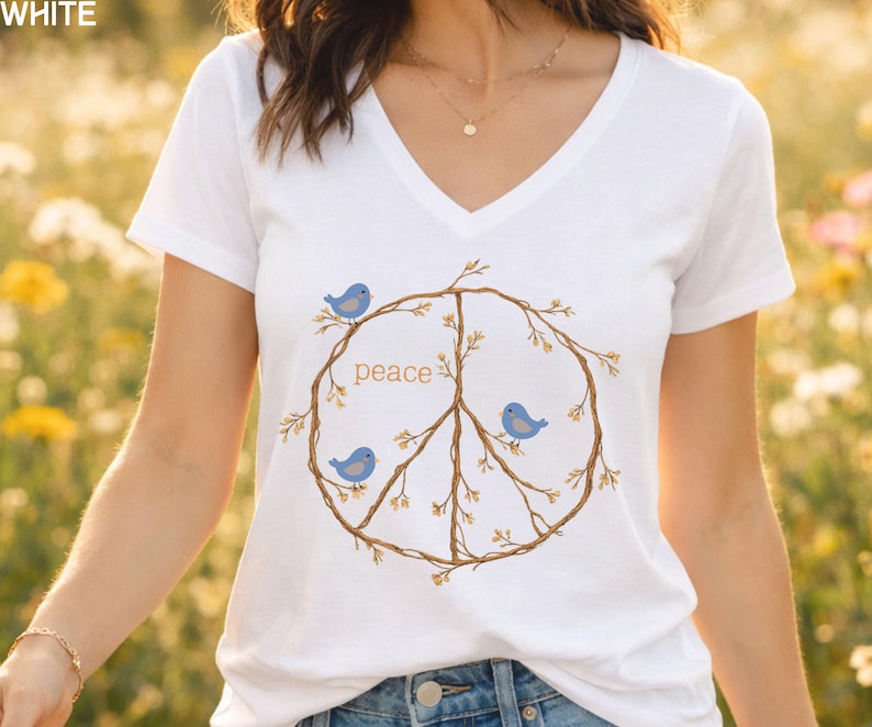 Peace Sign Shirt V-neck shirt, Blue Birds spring top, twig peace sign, Nature Lover gift, Bird Watcher tshirt Solid White Blend