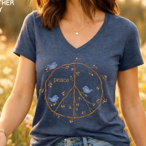 Peace Sign Shirt V-neck shirt, Blue Birds spring top, twig peace sign, Nature Lover gift, Bird Watcher tshirt Heather Navy