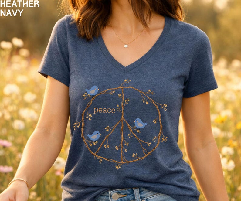 Peace Sign Shirt V-neck shirt, Blue Birds spring top, twig peace sign, Nature Lover gift, Bird Watcher tshirt Heather Navy