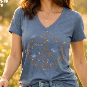 Peace Sign Shirt V-neck shirt, Blue Birds spring top, twig peace sign, Nature Lover gift, Bird Watcher tshirt Heather Slate