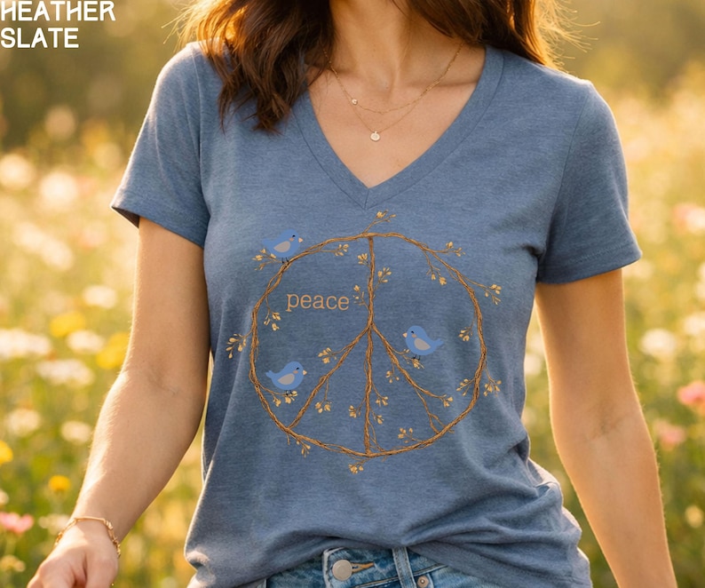 Peace Sign Shirt V-neck shirt, Blue Birds spring top, twig peace sign, Nature Lover gift, Bird Watcher tshirt Heather Slate
