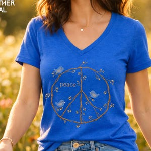 Peace Sign Shirt V-neck shirt, Blue Birds spring top, twig peace sign, Nature Lover gift, Bird Watcher tshirt Heather True Royal