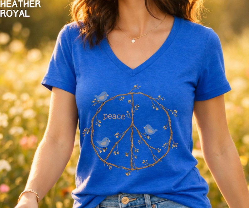 Peace Sign Shirt V-neck shirt, Blue Birds spring top, twig peace sign, Nature Lover gift, Bird Watcher tshirt Heather True Royal