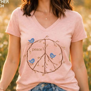 Peace Sign Shirt V-neck shirt, Blue Birds spring top, twig peace sign, Nature Lover gift, Bird Watcher tshirt Heather Peach