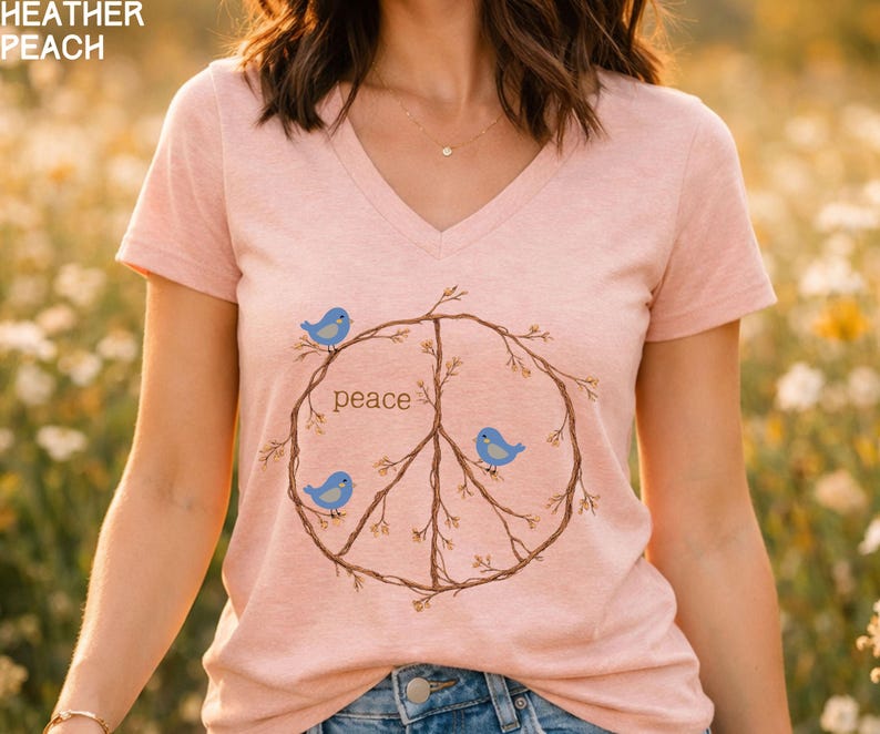 Peace Sign Shirt V-neck shirt, Blue Birds spring top, twig peace sign, Nature Lover gift, Bird Watcher tshirt Heather Peach