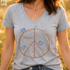Peace Sign Shirt V-neck shirt, Blue Birds spring top, twig peace sign, Nature Lover gift, Bird Watcher tshirt Athletic Heather