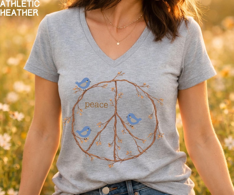 Peace Sign Shirt V-neck shirt, Blue Birds spring top, twig peace sign, Nature Lover gift, Bird Watcher tshirt Athletic Heather