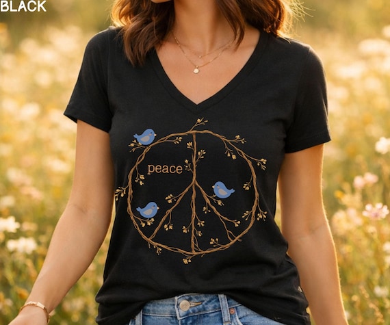 Peace Sign Shirt V-neck shirt, Blue Birds spring top, twig peace sign, Nature Lover gift, Bird Watcher tshirt