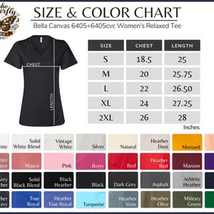 May include: A black V-neck t-shirt with a size and color chart. The chart lists chest and length measurements in inches for sizes S to 2XL. Color options include white, pink, red, and navy.
