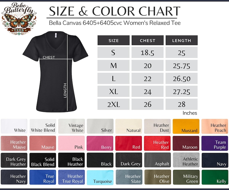 May include: A black V-neck t-shirt with a size and color chart. The chart lists chest and length measurements in inches for sizes S to 2XL. Color options include white, pink, red, and navy.