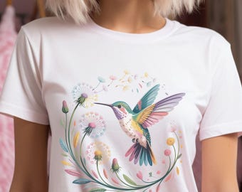 Watercolor Hummingbird T-Shirt, Dandelion Floral Tee, Bird Watcher Gift, Cute Spring shirt for Mom