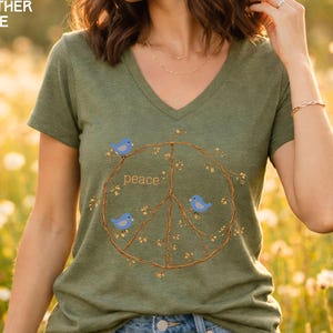 Peace Sign Shirt V-neck shirt, Blue Birds spring top, twig peace sign, Nature Lover gift, Bird Watcher tshirt Heather Olive