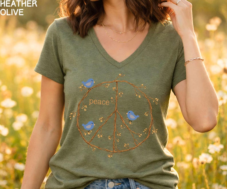 Peace Sign Shirt V-neck shirt, Blue Birds spring top, twig peace sign, Nature Lover gift, Bird Watcher tshirt Heather Olive