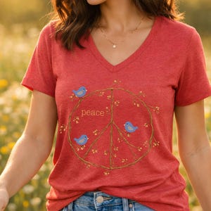 Peace Sign Shirt V-neck shirt, Blue Birds spring top, twig peace sign, Nature Lover gift, Bird Watcher tshirt Heather Red
