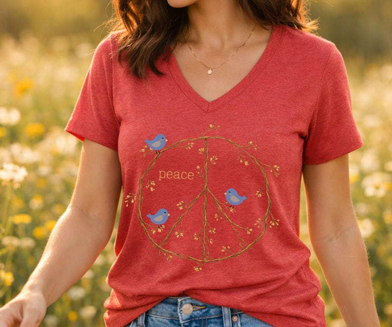 Peace Sign Shirt V-neck shirt, Blue Birds spring top, twig peace sign, Nature Lover gift, Bird Watcher tshirt Heather Red
