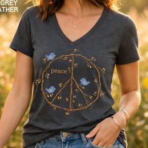 Peace Sign Shirt V-neck shirt, Blue Birds spring top, twig peace sign, Nature Lover gift, Bird Watcher tshirt Dark Grey Heather