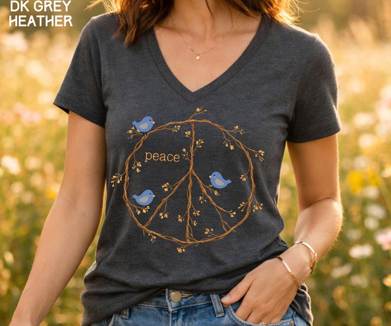 Peace Sign Shirt V-neck shirt, Blue Birds spring top, twig peace sign, Nature Lover gift, Bird Watcher tshirt Dark Grey Heather