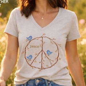 Peace Sign Shirt V-neck shirt, Blue Birds spring top, twig peace sign, Nature Lover gift, Bird Watcher tshirt Heather Dust
