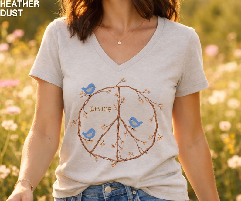 Peace Sign Shirt V-neck shirt, Blue Birds spring top, twig peace sign, Nature Lover gift, Bird Watcher tshirt Heather Dust