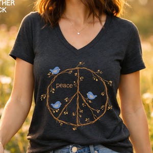 Peace Sign Shirt V-neck shirt, Blue Birds spring top, twig peace sign, Nature Lover gift, Bird Watcher tshirt Black Heather