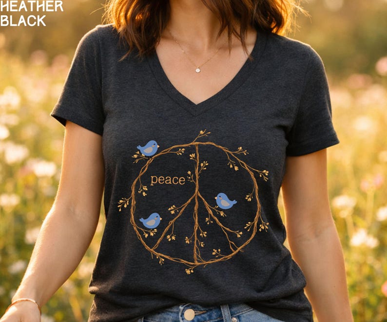Peace Sign Shirt V-neck shirt, Blue Birds spring top, twig peace sign, Nature Lover gift, Bird Watcher tshirt Black Heather