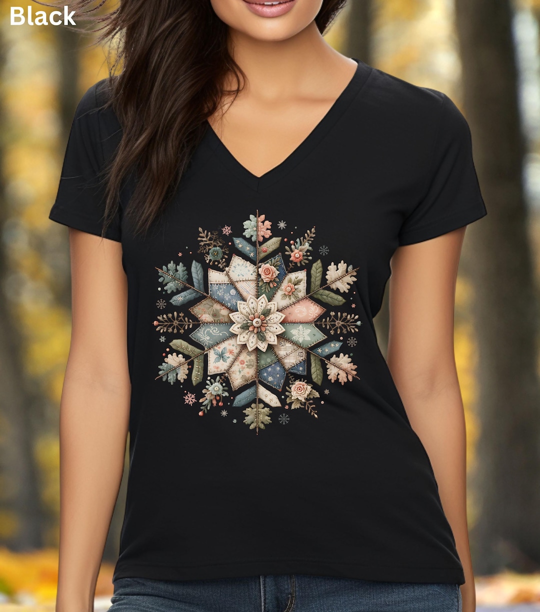 Faux Patchwork Snowflake V-neck Tee, Folkart Snowflake Long Sleeve ...