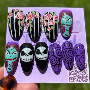 Halloween Press On Nails: Handmade Nail Art, Coffin/Almond, 20pc Set