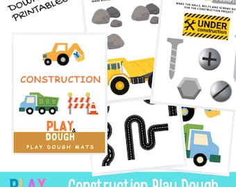 May include: Construction themed play dough mats with prompts for children. The mats feature images of construction vehicles, tools, and road signs. The text on the mats reads "Play & Dough" and "Play Dough Mats".