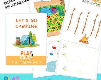 Puede incluir: Un conjunto de plantillas imprimibles para plastilina con temática de acampada. Los diseños incluyen un mapa, una tienda de campaña, una fogata y luciérnagas. El texto incluye "Let's Go Camping" y "Play & Dough Camping Play Dough Prompts."
