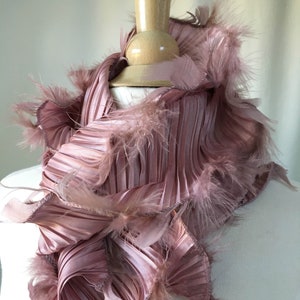 Sculptural Pleated Silky Scarf with Feather Trim