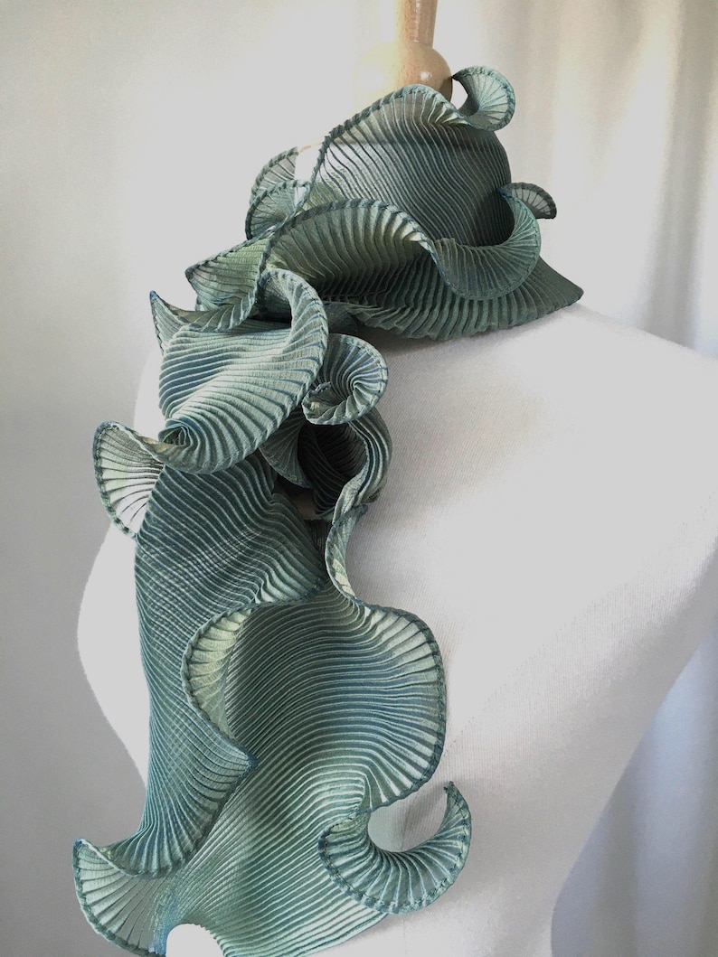 Sculptural Pleated Chiffon Scarf Aqua