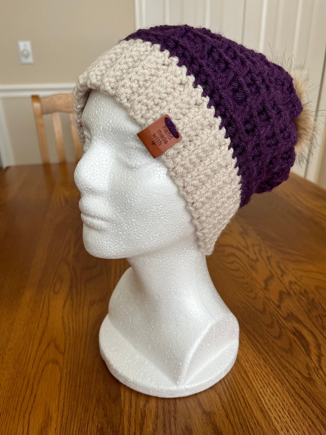 Crocheted Purple & Cream Winter Hat With Pompom Adult Size Etsy