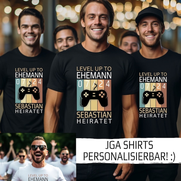 Junggesellenabschied T-Shirt Herren, personalisierbar, Bräutigam, Trauzeuge, Hochzeit, Geschenk für Männer, JGA Shirt, Gaming, Level up to