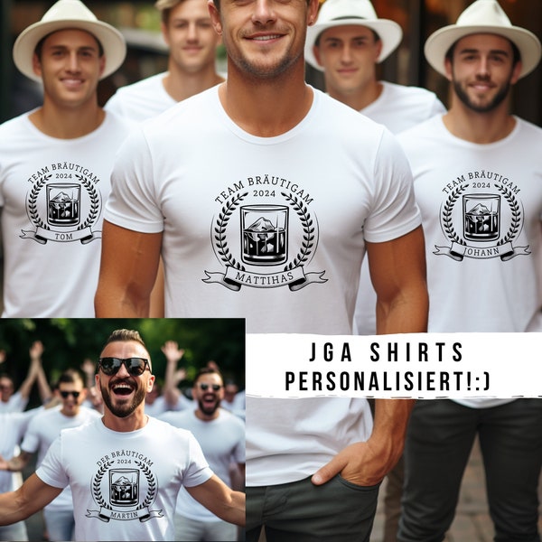 Junggesellenabschied T-Shirt Herren, personalisierbar, Bräutigam, Trauzeuge, Hochzeit, Geschenk für Männer, JGA Shirt, Whiskey Groom Crew