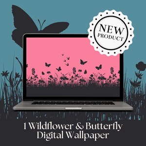 May include: A laptop computer displaying a digital wallpaper with a pink background and a silhouette of a field of wildflowers and butterflies. The text "NEW PRODUCT" is on a white circle sticker with black polka dots.