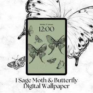 May include: A digital wallpaper featuring a sage green background with black and white illustrations of moths and butterflies. The time is displayed as 12:00 on a tablet screen. The text "1 Sage Moth & Butterfly Digital Wallpaper" is displayed below the tablet.