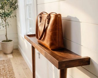 Mesa consola artesanal de madera de haya y carpe: soporte estrecho para pasillo.