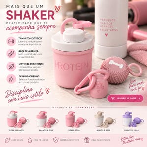 Könnte beinhalten: Ein rosa-weißer Protein-Shaker mit weißem Deckel und Griff, begleitet von einem kleinen rosa Behälter in Kettlebell-Form mit der Prägung 'stay strong' und einem strukturierten rosa Kugelbehälter mit einem weißen Knochensymbol.
