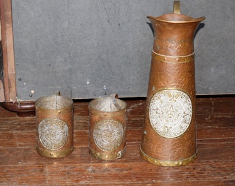Handmade Vintage Pitcher and 2x Copper Cups from Mexico Featuring the Mayan Calender!