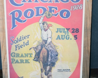 1928 Chicago Rodeo Poster/Print With Wood Backing 29&quot; x 21&quot;