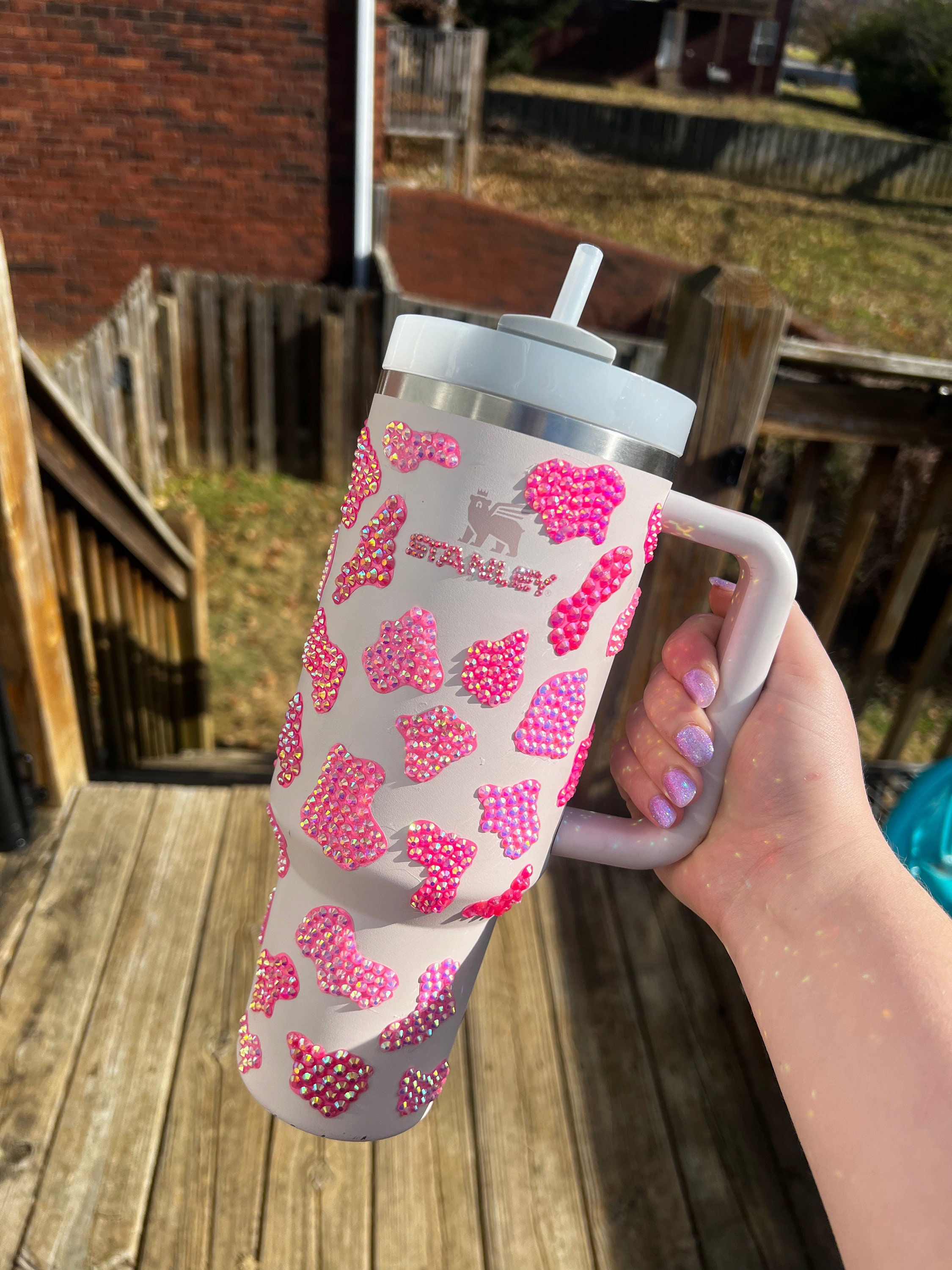 Stanley 40 Oz. Handled Cow Print Tumbler Cowhide Glitter Cup Cow Spot  Monogram Tiktok Farmhouse Western Black, Brown, & White Cow Print 