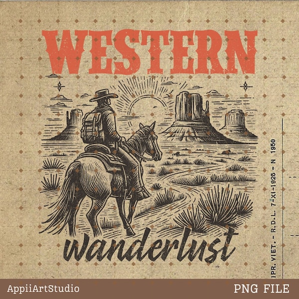 Western Wanderlust American Western Country Cowboy Travel Horse Mountains USA Retro Vintage T-Shirt Graphic Transparent PNG Digital Download